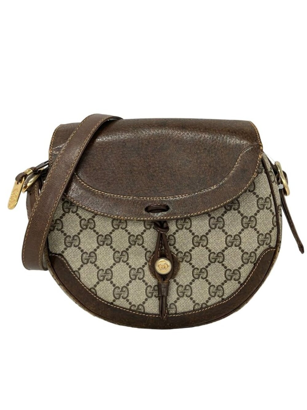 Gucci Shoulder Bag Vintage GG Plus Supreme Gray Beige Dark Brown Leather